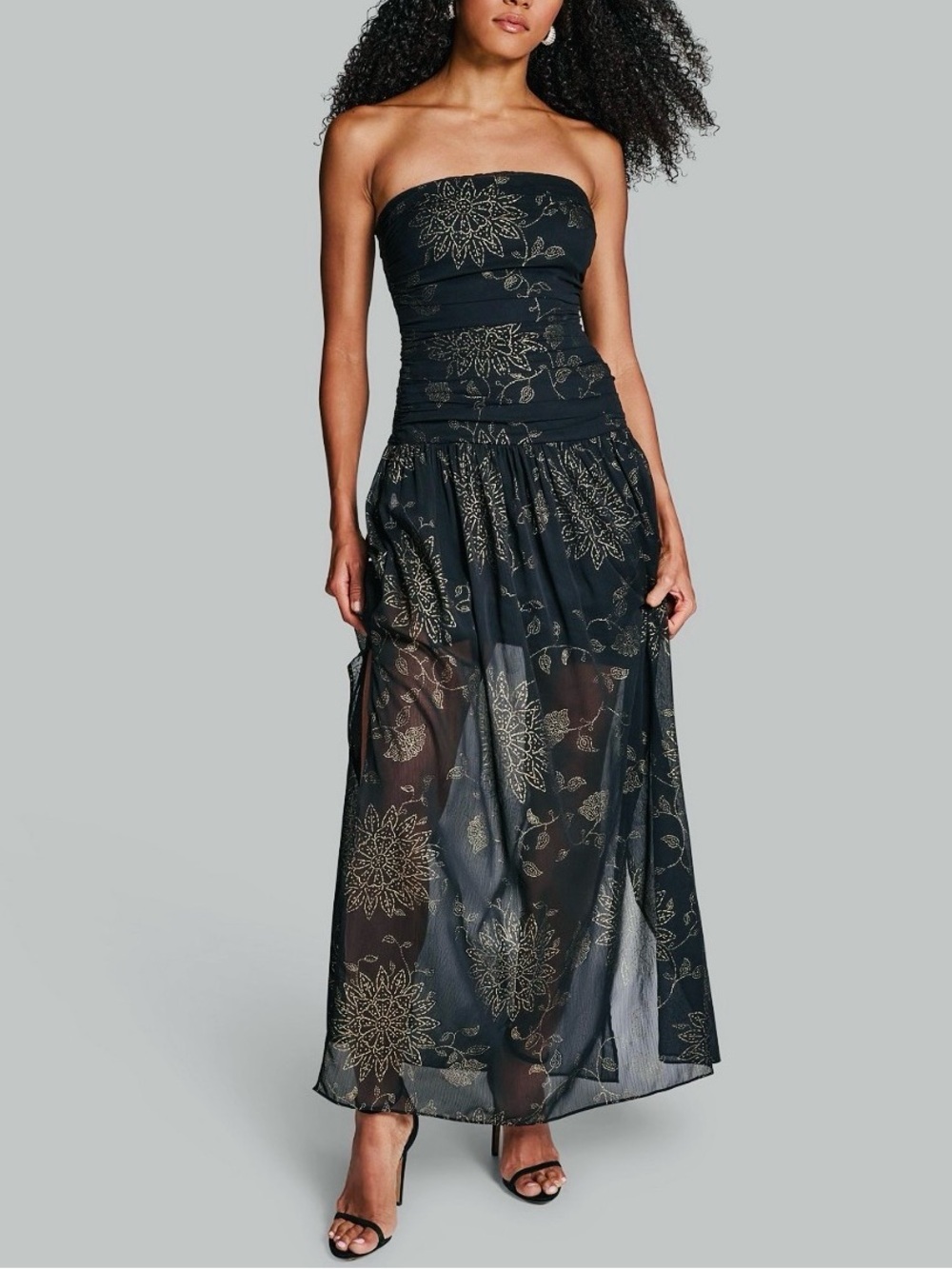 NWT BCBG Foil Pleated Strapless Maxi Dress Size 10 Black & Gold Sheer